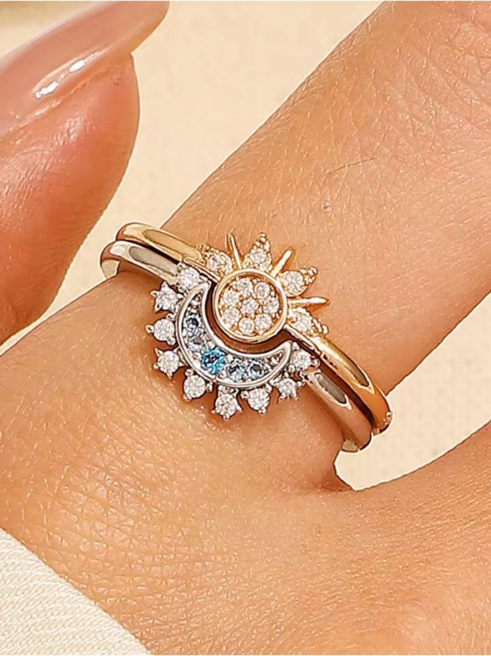 Stackable Celestial Blue Sparkling Moon Sun Star Crystal Adjustable Ring